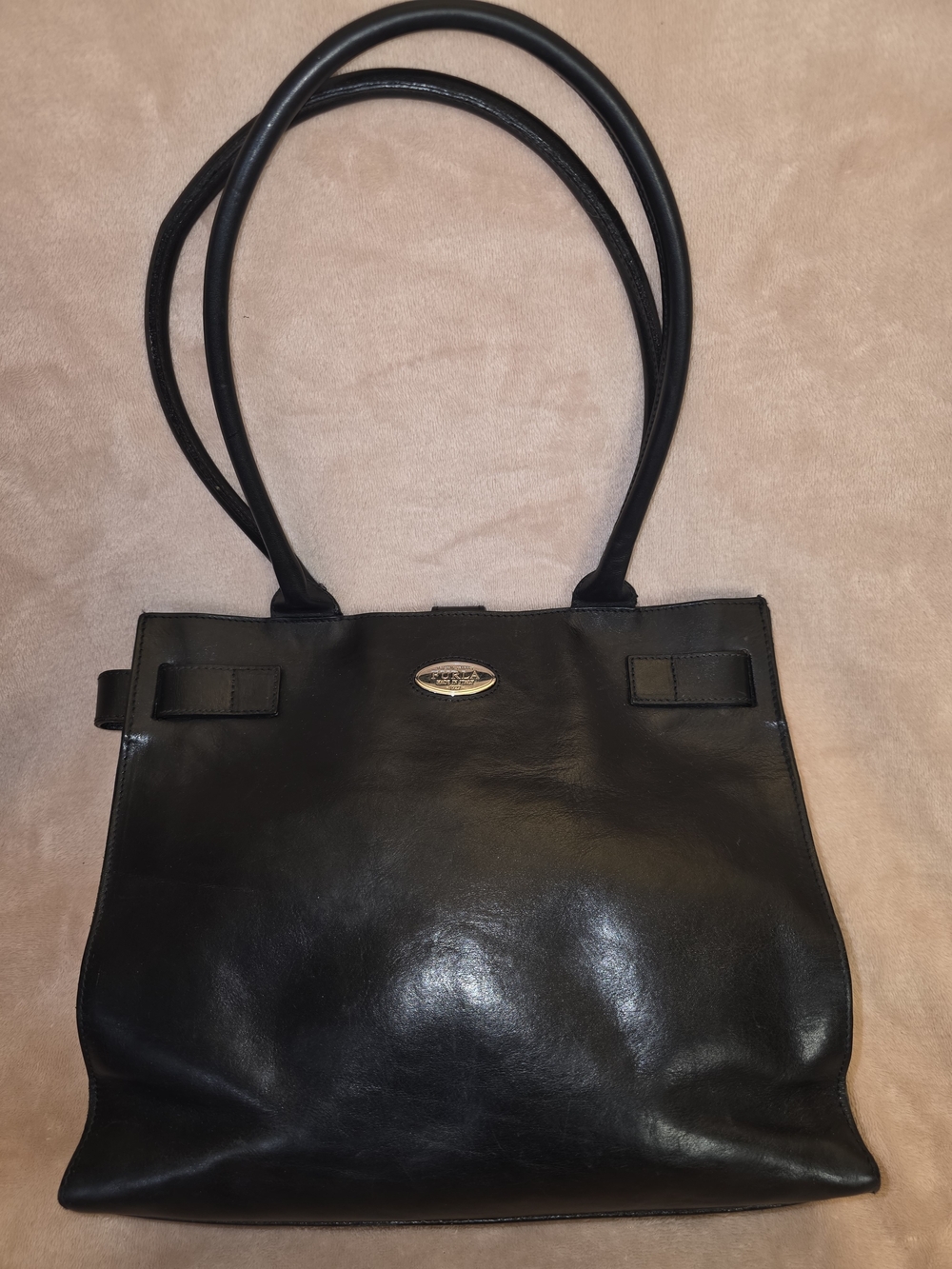 Furla Black Leather Shoulder Tote with Double Straps